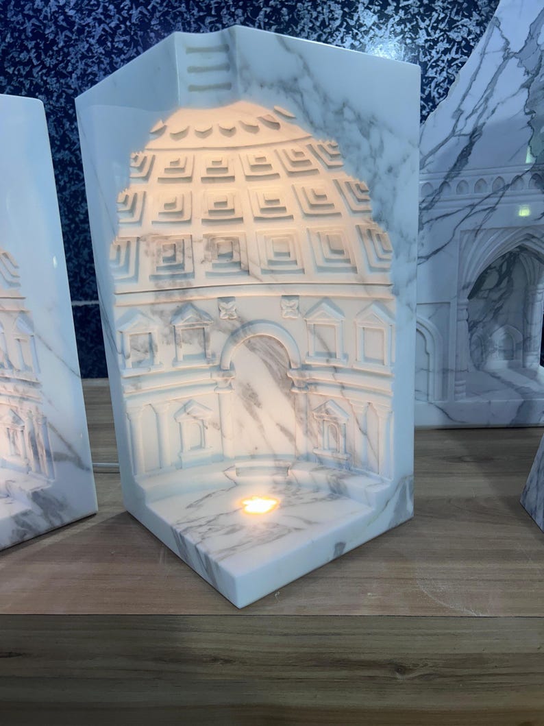 Handcrafted Marble Wall Corner Decor, Luxury White Marble Temple Carving Night Lamp, Concrete Tea light Candle Holder, Pooja Room Decor