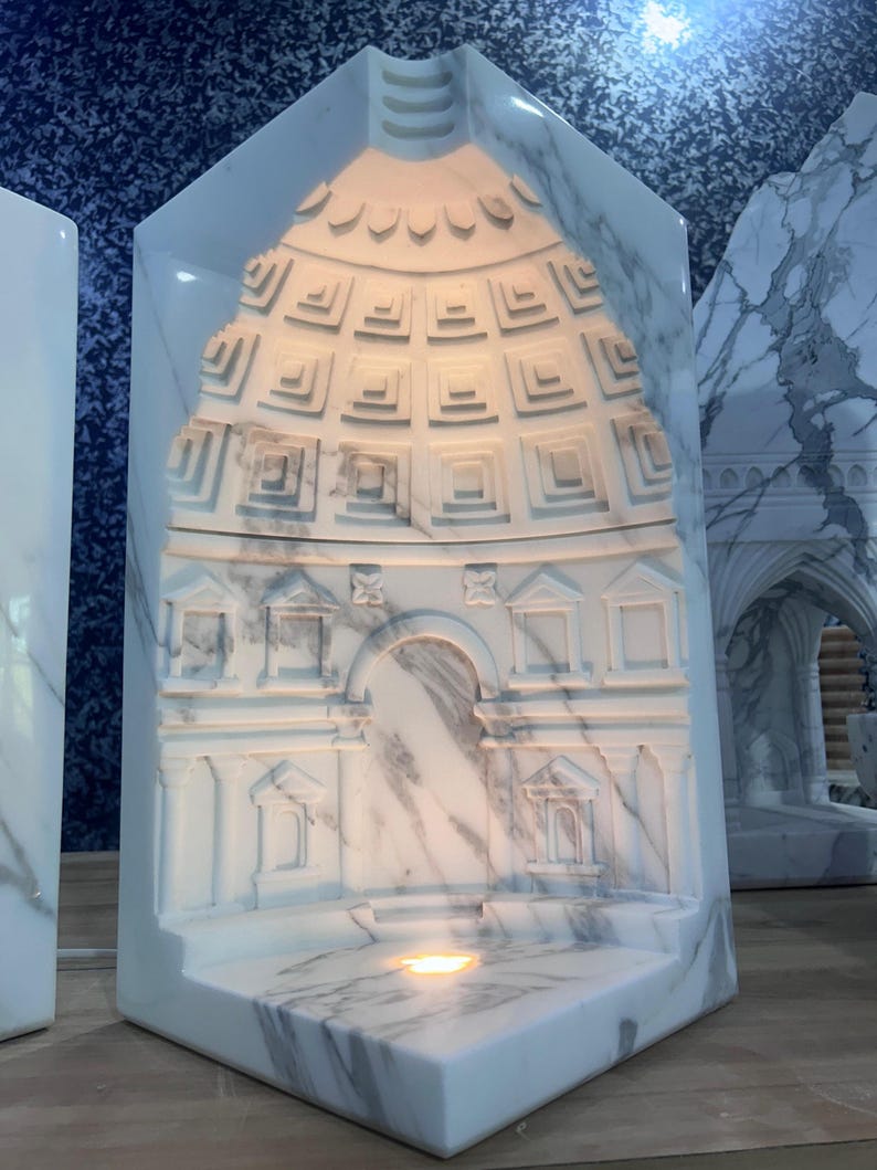 Handcrafted Marble Wall Corner Decor, Luxury White Marble Temple Carving Night Lamp, Concrete Tea light Candle Holder, Pooja Room Decor