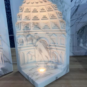 Handcrafted Marble Wall Corner Decor, Luxury White Marble Temple Carving Night Lamp, Concrete Tea light Candle Holder, Pooja Room Decor
