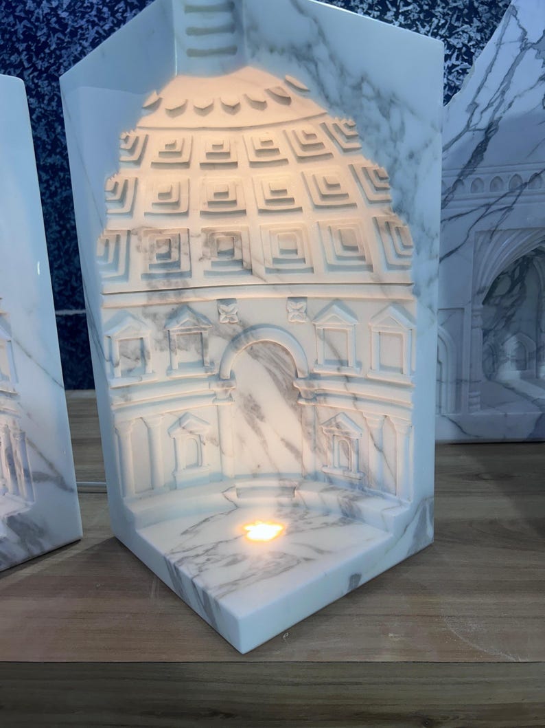 Handcrafted Marble Wall Corner Decor, Luxury White Marble Temple Carving Night Lamp, Concrete Tea light Candle Holder, Pooja Room Decor