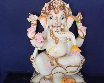Ganesha Statue 15inch Pure Makrana Marble, Ganesh Figurine for Office Temple Decor, Ganpati Bappa Idol, Puja Room Hindu God Ganesh Ji Murti