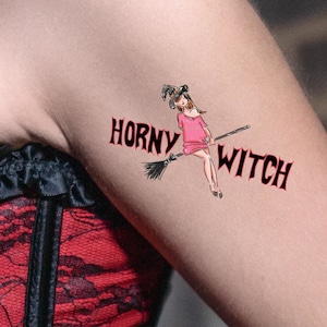 HALLOWEEN HORNY WITCH, hot, sexy, naughty temporary tattoo in black. The perfect way to show what a horny witch you are!