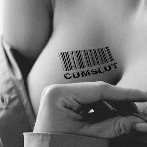 Barcode CUMSLUT, kinky naughty sexy erotic temporary tattoo in black.