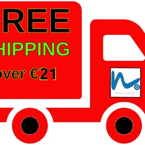 May include: Red delivery truck with white wheels and a white cab. The truck has a sign on the side that says "FREE SHIPPING over &euro;21".