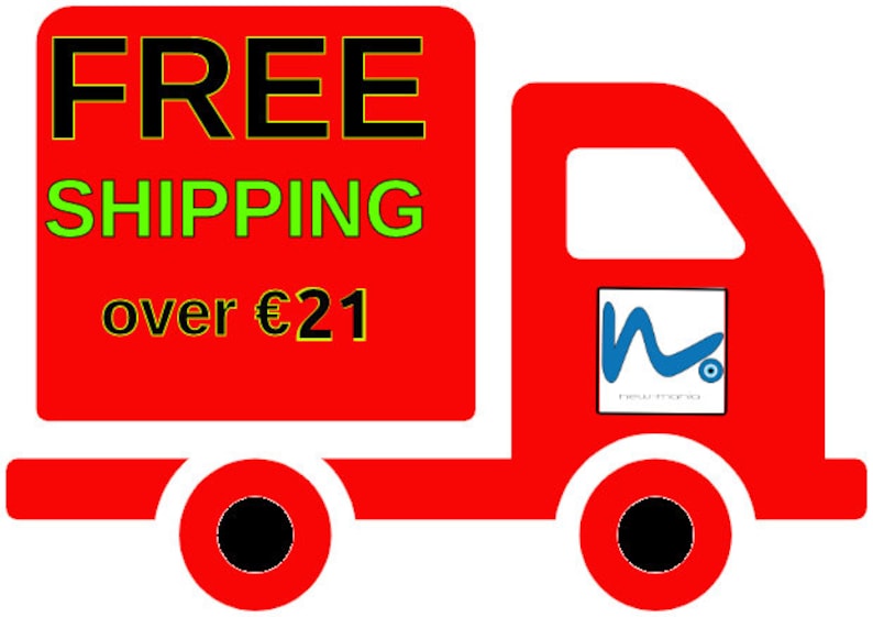 May include: Red delivery truck with white wheels and a white cab. The truck has a sign on the side that says "FREE SHIPPING over &euro;21".
