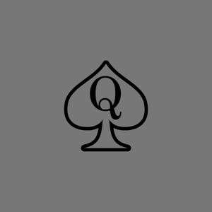 May include: A black spade playing card suit symbol centered on a solid gray background. The letter Q is positioned in the middle of the spade shape, rendered in a matching black serif font. The design features clean, bold lines throughout.