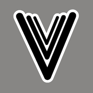 May include: A black and white graphic design of a stylized letter V. The letter is made up of three overlapping V shapes.