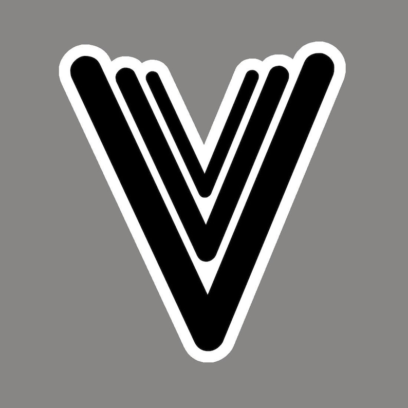 May include: A black and white graphic design of a stylized letter V. The letter is made up of three overlapping V shapes.