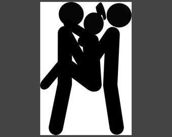 May include: A black graphic illustration on a white rectangular background featuring three stylized stick figures. The central figure is being lifted by the two outer figures, with one figure on the left and one on the right, all in solid black.