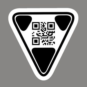 May include: A white triangular sticker with a black border and a black QR code in the center. The sticker has three black triangles at the top and bottom.
