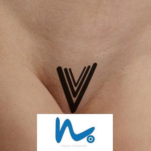 May include: A black tattoo design of three overlapping V shapes on a person's body.