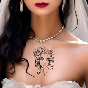 Tatuagem temporária vintage de MULHER ELEGANTE com ROSAS. Esta tatuagem captura uma estética clássica e feminina!