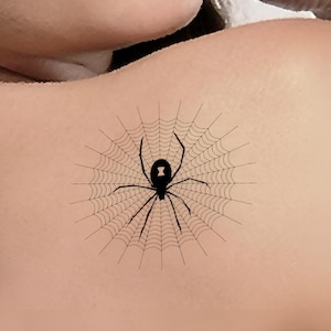SPIDER on SPIDERWEB temporary tattoo in black. Express your inner strength and embrace the symbolism they hold!