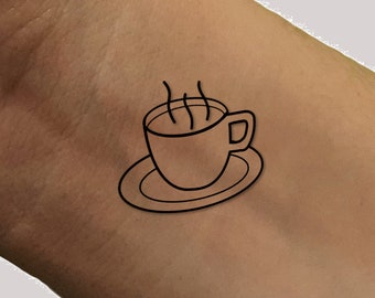 HEISSE KAFFEETASSE lustiges temporäres Tattoo in schwarz. Genieße eine Tasse heißen oder kalten Kaffee!