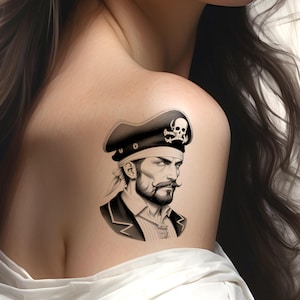 Tatuaggio temporaneo con ritratto di PIRATA vintage per travestimenti, feste o cosplay. Tatuaggio con teschio di Calico Jack.
