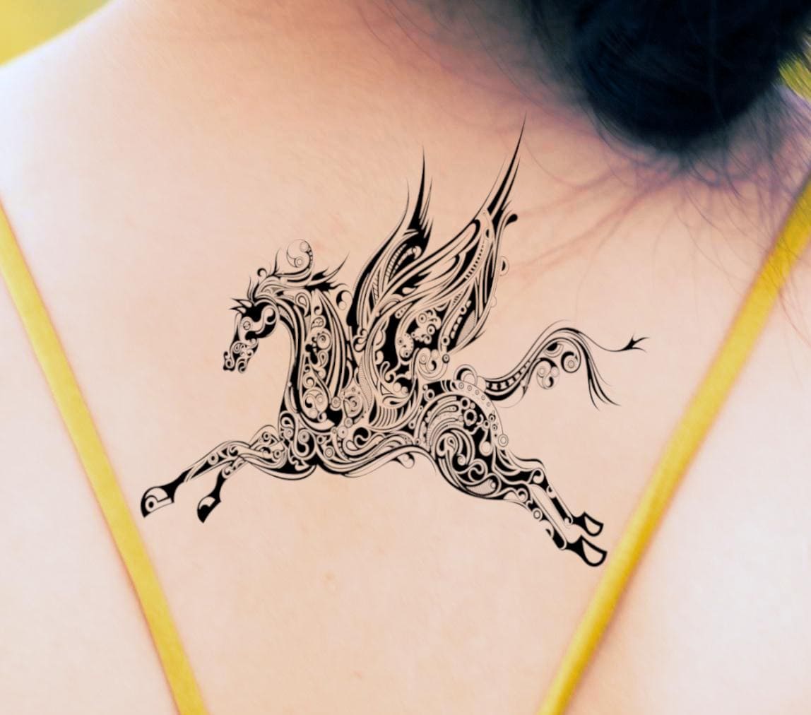 Abstract PEGASUS temporary tattoo in black. The legendary winged horse of Greek mythology!
