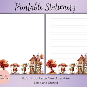 Papelería imprimible de otoño - Juego de papel para escribir de otoño sin renglones, con renglones, tamaño A4/A5/carta de EE. UU. - Papelería de otoño imprimible para cartas y notas