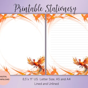 Artigos de papelaria para impressão Phoenix - Conjuntos de papelaria para impressão de pássaros - Conjunto de papel para escrever cartas digitais forrado sem forro A4/A5/US Letter-Fofo papel para cartas