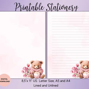 Papelería con forma de osito de peluche y tulipán, papelería para niños, bonitos juegos de papelería, carta digital, juego de papel imprimible, con rayas, sin rayas, tamaño A4, A5 y carta de EE. UU.