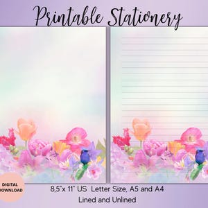 Papelería imprimible con flores de primavera y pájaros: juego de papel para escribir con tulipanes, rayado, sin raya, tamaño A4, A5 y carta de EE. UU., papel para cartas con flores de primavera