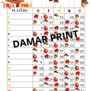 Tableros de bingo de otoño imprimibles - Tableros de bingo de 1 a 15 líneas - Rectos mixtos en blanco - 75 bolas
