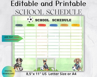 Editable School Schedule for Kids-School Supplies Theme-Printable Kids Routine Chart-Kindergarten planner-Elementary Class Schedule