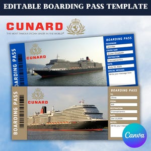 BEWERKBARE Cunard Cruise Ticket-bewerkbare instapkaart-print verrassingscadeau cruiseticket-instapkaart Canva-sjabloon-direct downloaden