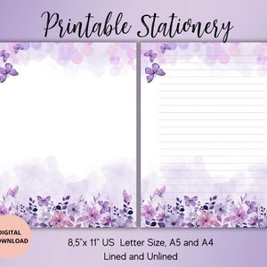 Flor púrpura con mariposas Papelería imprimible-FlorEstacionario-Botánico Papel de escritura forrado Sin forro A4/A5/Carta estadounidense Descarga instantánea