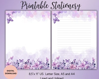 Purple Flower With Butterflies Printable Stationery-FlowerStationary-Botanical Writing Paper Lined Unlined A4/A5/US Letter Instant Download