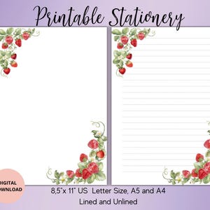Papelaria para impressão de morango - Suprimentos para caneta de flores - Conjunto de papel para escrita de verão pautado sem pauta A4/A5/US Letter Download instantâneo