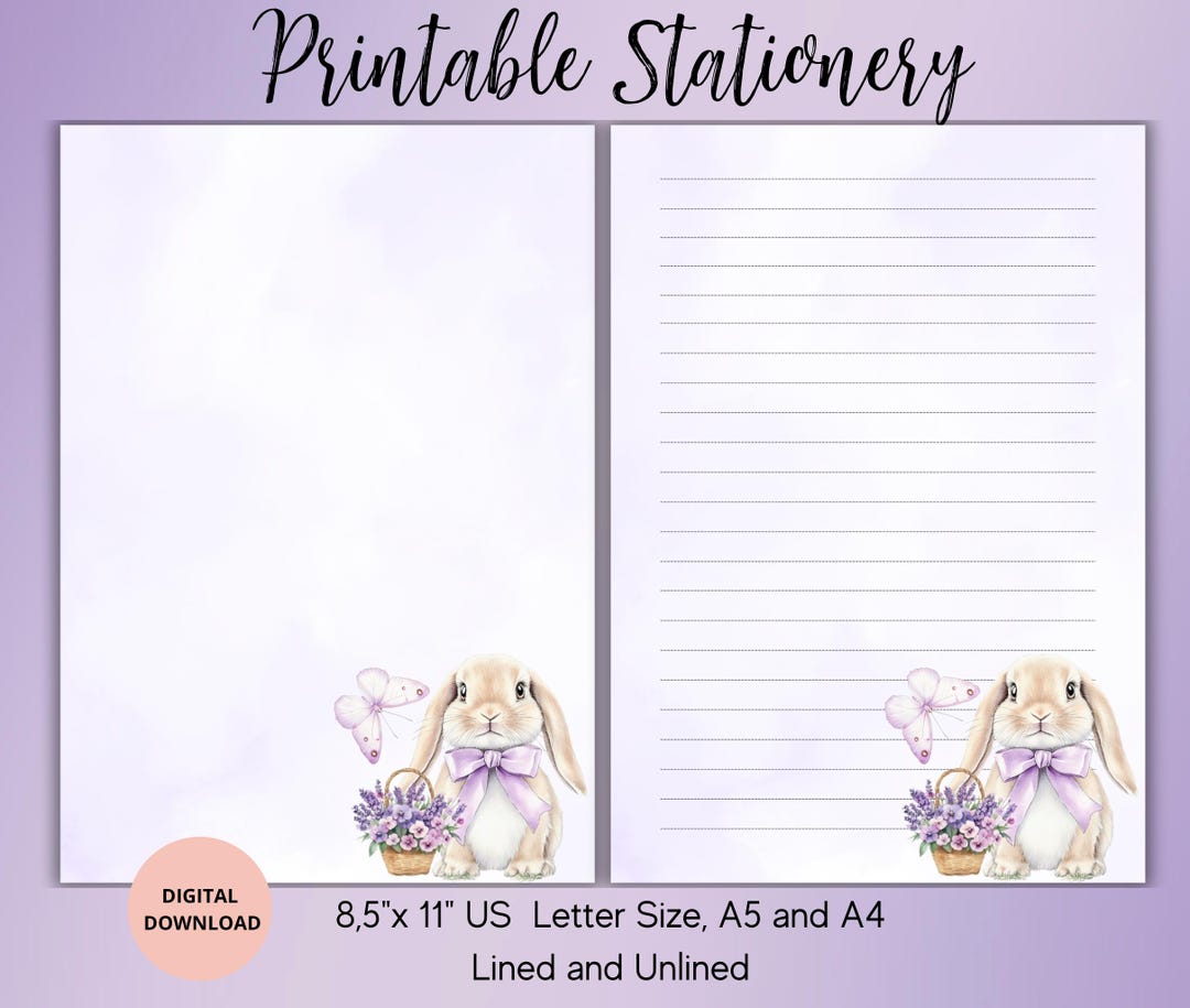 Cute Bunny Printable Stationery-bunny Writing Paper Lined Unlined A5/A4 ...