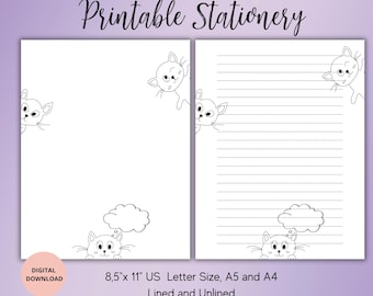 Cat stationary,Printable letter writing paper, Pen pal supplies,Printable Stationary lined,unlined A4,A5,US Letter,Download stationary