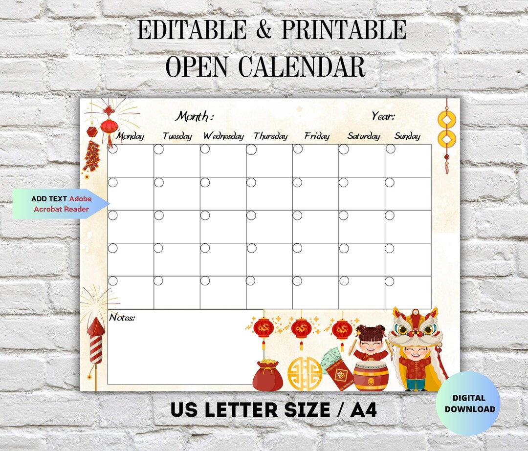 Blank Calendar-chinese Editable Printable Calendar-calendar Template ...