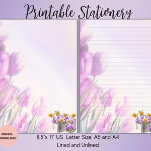 Papelería imprimible con flores de primavera: juego de papel para escribir con tulipanes, narcisos y azafranes, rayado, sin rayar, tamaño A4, A5 y carta de EE. UU.: Spring Flowers Pen Pal