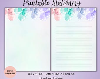Watercolor Balloons Printable stationery-Birthday Stationery Set-Writing paper lined unlined A4/A5/US Letter-Birthday Notepaper