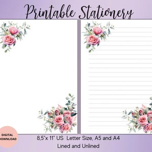 Papel de carta con rosas, papelería con flores, juego de papel de carta con motivos florales A4, A5, carta de EE. UU., PDF digital, con rayas y sin rayas, carta floral, carta botánica