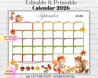 Autumn Editable September 2026 Calendar-September 2026 Monthly Planner Family Work School Office & Home Organizer-Printable Calendar