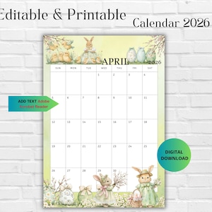 Calendrier d'avril 2026 modifiable - organisateur mensuel d'avril 2026, famille, travail, école, bureau et maison, calendrier imprimable, calendrier de Pâques