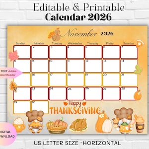 Editable November 2026 Calendar- Thanksgiving 2026 Monthly Planner Family Work School Office & Home Organizer- Printable Calendar