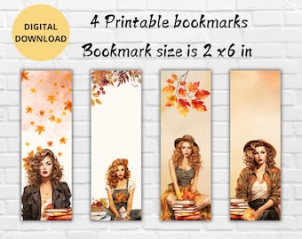 Autumn Girl Reading Printable Bookmarks Bundle-Fall Autumn Bookmark-Cute bookmarks-Book lover-Digital Download