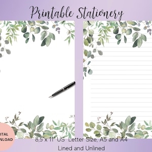 Eucalypt Printable Stationery, Writing Sheets,Letter Writing Bundle,Digital download,Writing Set A4,A5,US Letter Printable Stationary
