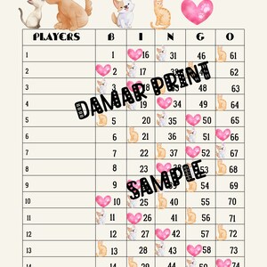 Peut inclure: Une carte de bingo rose et blanche avec des images de chats et de chiens. Les numéros de 1 à 75 sont listés sur la carte, chaque numéro correspondant à une image différente. La carte est conçue pour un jeu de bingo.
