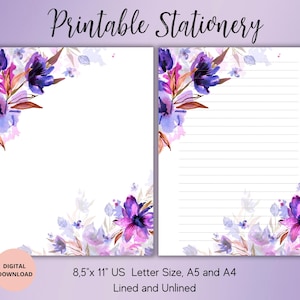 Papelaria para impressão, Papelaria para impressão de flores florais, Conjunto de cartas de papel para escrever, Carta botânica pautada, sem pauta, A4, A5 e U Letter, digital