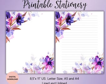 Printable Stationary,Floral Flower Printable Stationery,Writing Paper Letter set,Botanical letter lined, unlined,A4,A5 and U Letter,digital