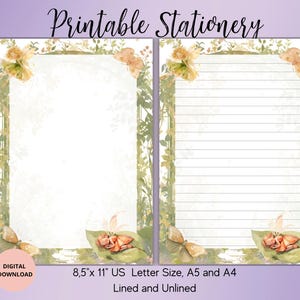 Op de afbeelding: Printbaar briefpapier met een groen en wit bloemenontwerp met vlinders. Het briefpapier is verkrijgbaar in de formaten 8,5 x 11 inch US Letter, A5 en A4, en is verkrijgbaar in gelinieerde en ongelinieerde uitvoeringen.