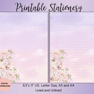 Papelería imprimible con peonías de acuarela: juego de papel para escribir de verano, sin rayas, tamaño A4/A5/carta de EE. UU., bonito papel para escribir de verano, papel para notas con motivos florales