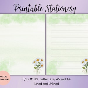 Ramo de margaritas Papelería imprimible Set-Flor de verano Juego de papel de escritura Forrado sin forro A4/A5/US Carta-Papel de nota de flor-Papel de notas lindo