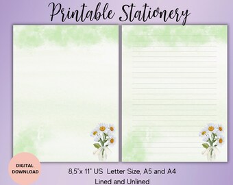 Daisies bouquet Printable Stationery Set-Summer Flower Writing paper set Unlined Lined A4/A5/US Letter-Flower note paper-Cute Notepaper