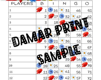 Summer Bingo Boards-Red Poppy  Bingo Boards-Printable Bingo Boards 1-15 Lines- Straight Mixed Blank-75 Ball