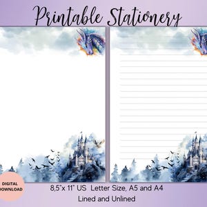 May include: Printable stationery featuring a watercolor illustration of a castle, a dragon, and owls. The paper is available in lined and unlined options in 8.5 x 11 inch US Letter size, A5 and A4.